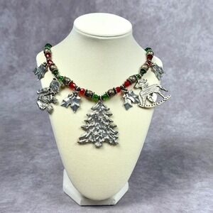 Vintage MARCIE USA Christmas Necklace Red Green Glass Beads with Pewter Charms